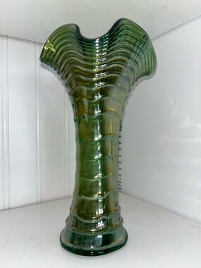Fenton Carnival Glass Vase Green Iridescent Ruffled Rim Antique Imperial Ripple